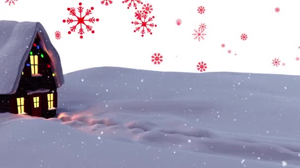 Animazione Neve Che Cade Sopra Albero Natale Casa Con Luci — Video Stock