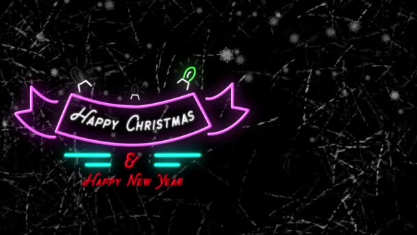 雪飘落在霓虹灯上 圣诞快乐 新年的文字横幅映衬着纹理黑色的背景 圣诞节和新年庆祝活动的概念 — 图库视频影像