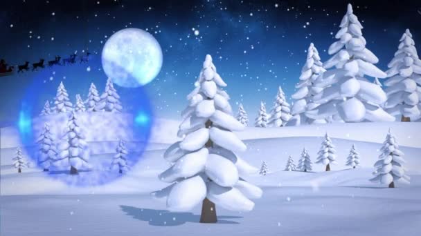 在冬天的风景和夜空中 蓝色的易燃易爆的装饰品挂在雪花飘落的树上 圣诞节的庆祝和庆祝概念 — 图库视频影像