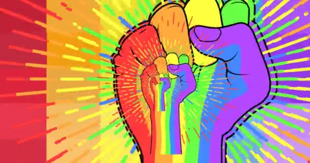 Gökkuşağı Arka Planında Gökkuşağı Yumruklarının Animasyonu Lgbt Hakları Eşitlik Kavramı — Stok video