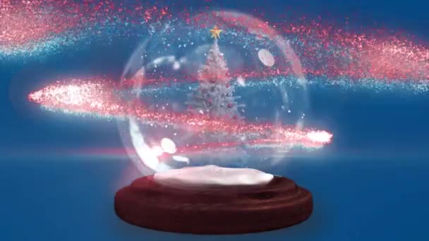 Two Shooting Stars Spinning Christmas Tree Snow Globe Blue Background — Stock Video