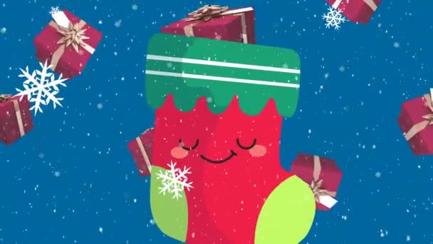 Yılbaşı Çorabının Üzerine Düşen Hediyelerin Animasyonu Noel Kış Gelenek Kutlama — Stok video