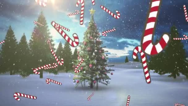 Vários Ícones Cana Açúcar Neve Caindo Sobre Árvore Natal Paisagem — Vídeo de Stock
