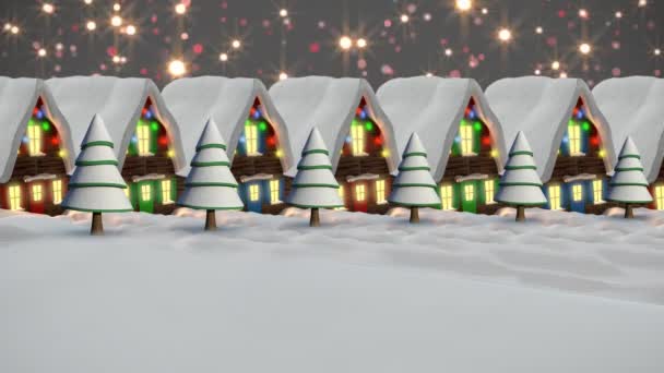 Animation Vintern Landskap Med Dekorerade Hus Svart Bakgrund Jul Vinter — Stockvideo