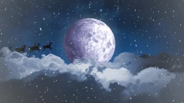 Animation Von Weihnachtsmännern Schlitten Mit Rentieren Über Schneefall Und Himmel — Stockvideo