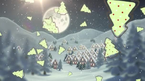 夜空に月に対して冬の風景に落ちる複数のクリスマスツリーのアイコンや雪 クリスマス フェスティバルとお祝いのコンセプト — ストック動画