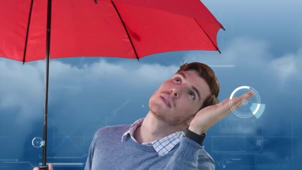 Animatie Van Scopen Scannen Blanke Man Met Paraplu Wolken Wereldwijde — Stockvideo