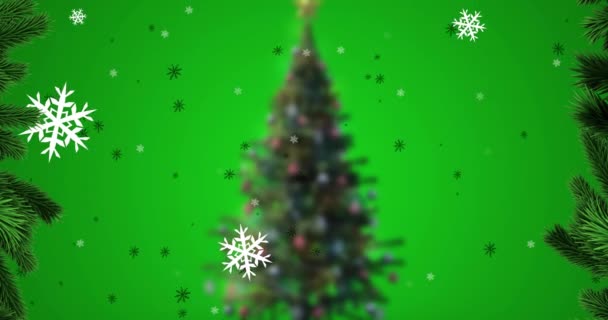 Animatie Van Vallende Sneeuwvlokken Boven Kerstboom Kerstmis Traditie Viering Concept — Stockvideo