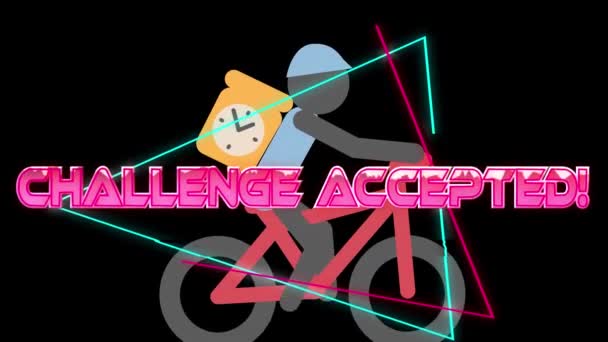 Animation Der Herausforderung Akzeptieren Text Über Radfahrer Schwarzen Hintergrund Videospiel — Stockvideo