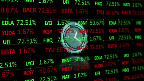 Processamento Dados Mercado Ações Contra Relógio Digital Neon Ticking Fundo — Vídeo de Stock