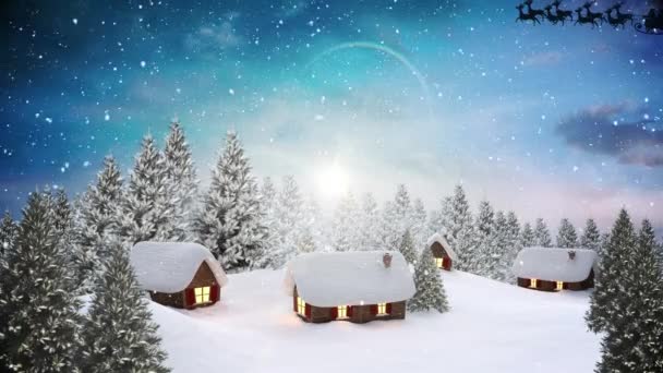 Sníh Padající Více Domů Stromů Zimní Krajině Proti Modré Obloze — Stock video