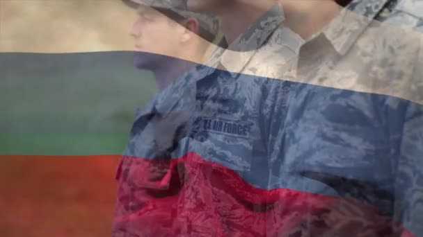 Animation Der Flagge Russlands Über Verschiedenen Männlichen Soldaten Armee Zivilschutz — Stockvideo