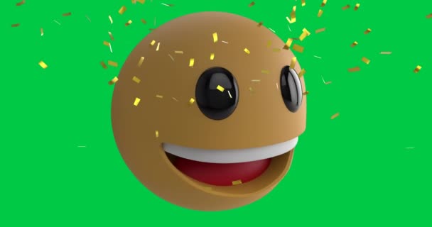 Animation Von Konfetti Das Über Lächelndes Emoji Symbol Auf Grünem — Stockvideo