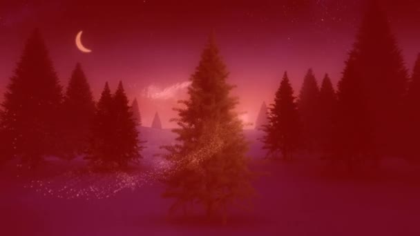 Stella Cadente Intorno Albero Natale Paesaggio Invernale Sfondo Rosso Natale — Video Stock