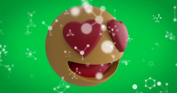 Animacja Ikony Emoji Miłości Nad Spadającymi Połączeniami Zielonym Tle Globalne — Wideo stockowe