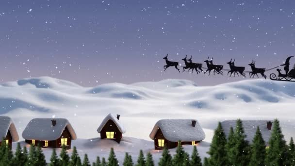 Animatie Van Kerstman Slee Met Rendieren Sneeuw Vallen Winterlandschap Kerstmis — Stockvideo
