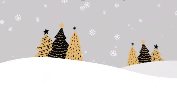 Анимация Елки Веселым Рождественским Текстом Над Падающим Снегом Деревьями Белом — стоковое видео