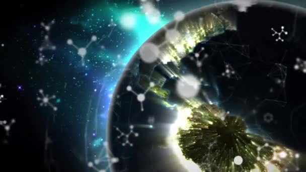 Анимация Молекул Сетей Связей Вращающемуся Земному Шару Глобальных Соединений Сетевого — стоковое видео