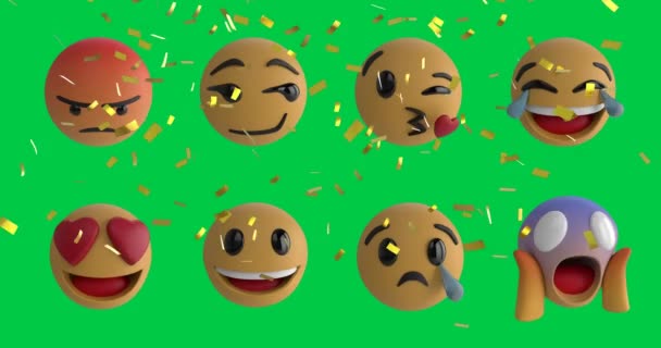 Animace Konfety Padající Přes Řady Emotikonů Emoji Přes Zelenou Obrazovku — Stock video