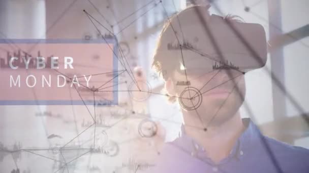 사이버 먼데이 텍스트 애니메이션 헤드셋을 착용하고 사람을 네트워크 글로벌 데이터 — 비디오