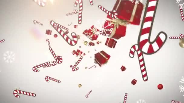 Múltiples Regalos Navidad Iconos Bastón Caramelo Cayendo Contra Copos Nieve — Vídeo de stock