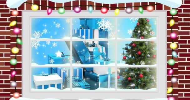Анімація Ялинки Подарунків Які Видно Вікна Різдво Зима Традиція Концепція — стокове відео
