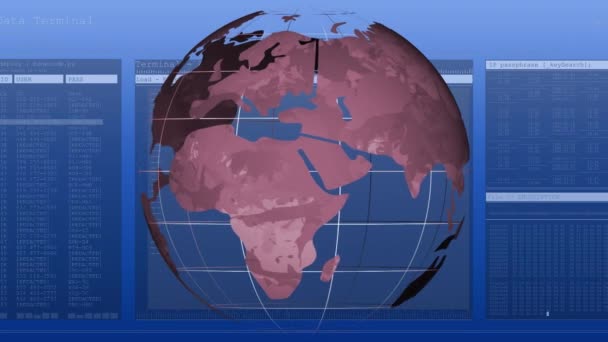 旋转地球仪在数据处理上的动画 全球业务 数据处理 连接和数字接口概念 — 图库视频影像