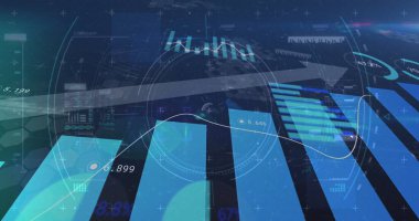 Kapsam taraması görüntüsü, istatistikli ok ve şehir manzarası üzerinde finansal veri işleme. küresel iş ve finans kavramı dijital olarak oluşturulmuş görüntü.