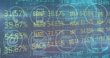 Mavi arkaplandaki dijital simgelere karşı borsa veri işlemenin dijital görüntüsü. küresel finans ve iş kavramı