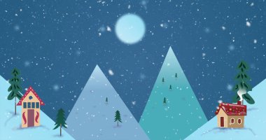 Geceleri yağan kar, evler, ay ve dağların mavi arka planda olduğu kışın görüntüsü. Noel mevsimi şenlik konsepti dijital olarak oluşturulmuş görüntü.
