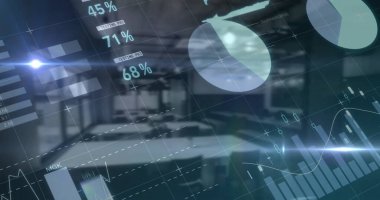 Arka plandaki boş ofise karşı dünya haritası üzerinde mali veri işleme. küresel finans ve iş kavramı