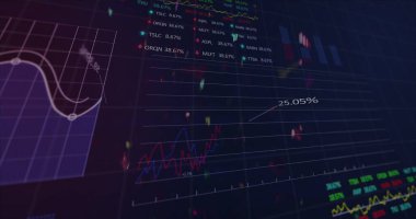 Borsa mali veri işlemlerinin üzerine düşen konfeti görüntüsü. Dijital arayüz küresel finans ve dijital olarak oluşturulan kutlama konsepti.