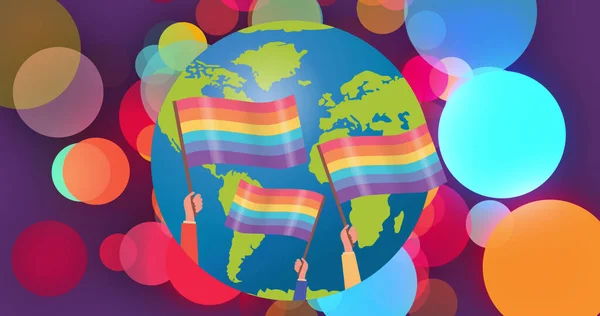 Afbeelding Van Regenboogvlaggen Hele Wereld Paarse Achtergrond Igbt Concept Van — Stockfoto