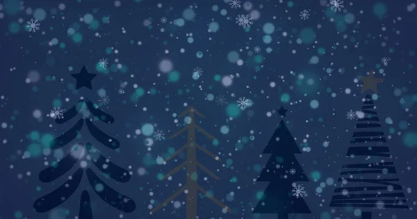 Image Snow Falling Fir Trees Dark Background Christmas Tradition Celebration — Stock Photo, Image
