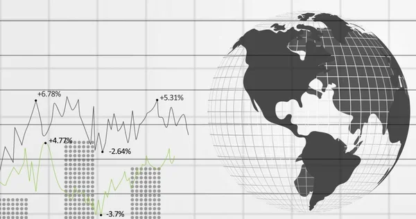 Imagem Digital Processamento Dados Financeiros Globo Giratório Contra Fundo Branco — Fotografia de Stock