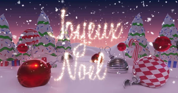 Imagem Natal Francês Mensagem Escrita Luzes Fadas Sobre Paisagem Nevada — Fotografia de Stock