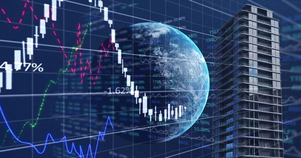 Pénzügyi Adatok Feldolgozása Világszerte Magas Épületek Kék Háttérrel Globális Pénzügyi — Stock Fotó