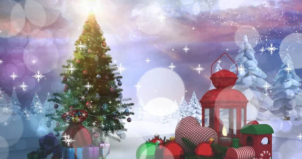 Képek Lehulló Hópelyhek Felett Fenyő Fák Dekorációk Karácsony Hagyomány Ünnepség — Stock Fotó