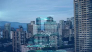 Şehrin finans bölgesindeki çeşitli verilerin animasyonu. küresel iş, finans ve veri işleme kavramı dijital olarak oluşturulmuş video.