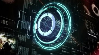 Siyah arkaplandaki veri işleme üzerinde dönen güvenli kilidin animasyonu. küresel hesaplama, veri işleme, bağlantılar ve dijital arayüz konsepti dijital olarak oluşturulmuş video.