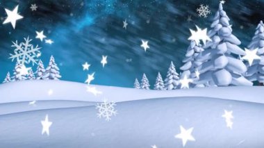 Noel 'de ağaçlar ve gökyüzüyle birlikte kar yağışının animasyonu. Noel, gelenek ve kutlama konsepti dijital olarak oluşturuldu.