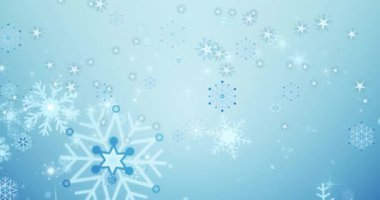 Mavi arka planda kar tanelerinin düşüşünün animasyonu. Noel, gelenek ve kutlama konsepti dijital olarak oluşturuldu.