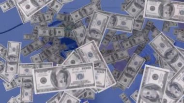 Ödeme terminalinin üzerine düşen Amerikan dolarlarının animasyonu. küresel bağlantılar, iş ve çevrimiçi nakitsiz işlemler kavramı dijital olarak oluşturulmuş video.