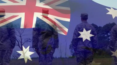 Çeşitli erkek askerler üzerinde Avustralya bayrağının animasyonu. Ordu, sivil savunma, vatanseverlik konsepti dijital olarak oluşturulmuş video.