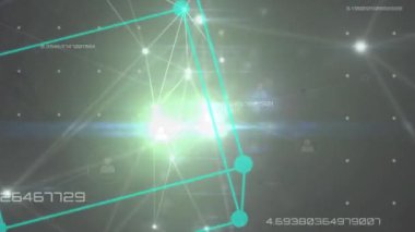 Veri işlemenin animasyonu, bağlantı ağları ve siyah arkaplan üzerindeki ışık. küresel bağlantılar, veri işleme ve dijital arayüz konsepti dijital olarak oluşturulmuş video.