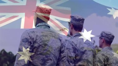 Çeşitli askerlerin üzerinde dalgalanan Avustralya bayrağının animasyonu. Silahlı kuvvetler, kamu savunması, vatanseverlik ve bağımsızlık kavramı dijital olarak oluşturulmuş video.