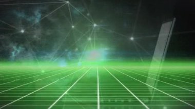 Veri işlemenin animasyonu, bağlantı ağları ve siyah arkaplanda dizüstü bilgisayarın üzerindeki dünya. küresel bağlantılar, veri işleme ve dijital arayüz konsepti dijital olarak oluşturulmuş video.