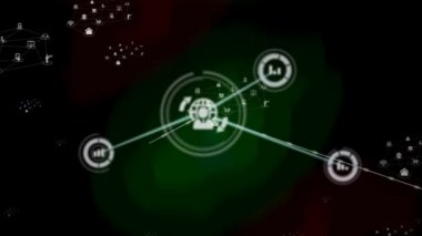 Siyah arkaplandaki simgeler üzerinden bağlantı ağının canlandırılması. küresel ağlar, bağlantılar, veri işleme ve dijital arayüz kavramı dijital olarak oluşturulmuş video.