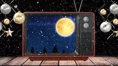 Noel Baba 'nın kızakta Noel Baba' yla Ren Geyiği 'nin Noel' de TV 'de canlandırılması ve gece kar yağması. Noel, gelenek ve kutlama konsepti dijital olarak oluşturuldu.