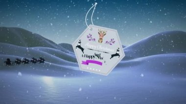 Kış manzarası boyunca kızakta Noel Baba 'nın Noel Baba' yı selamlamasıyla birlikte hediye etiketinin animasyonu. Noel, gelenek ve kutlama konsepti dijital olarak oluşturuldu.